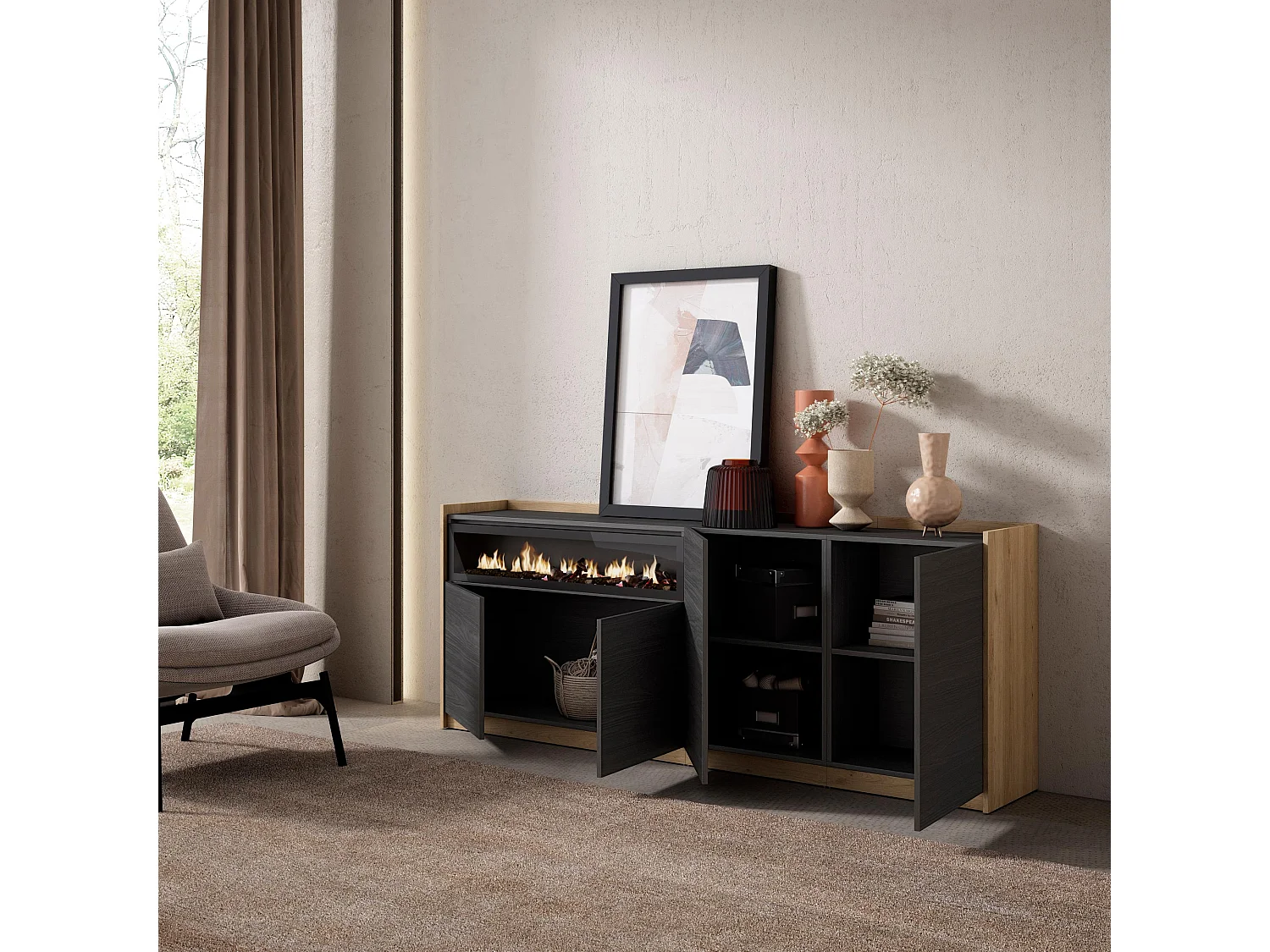 Dressoir, Opbergkast, 207x80x37 cm, 4 Deuren, Elektrische haard, Zwart/Eiken
