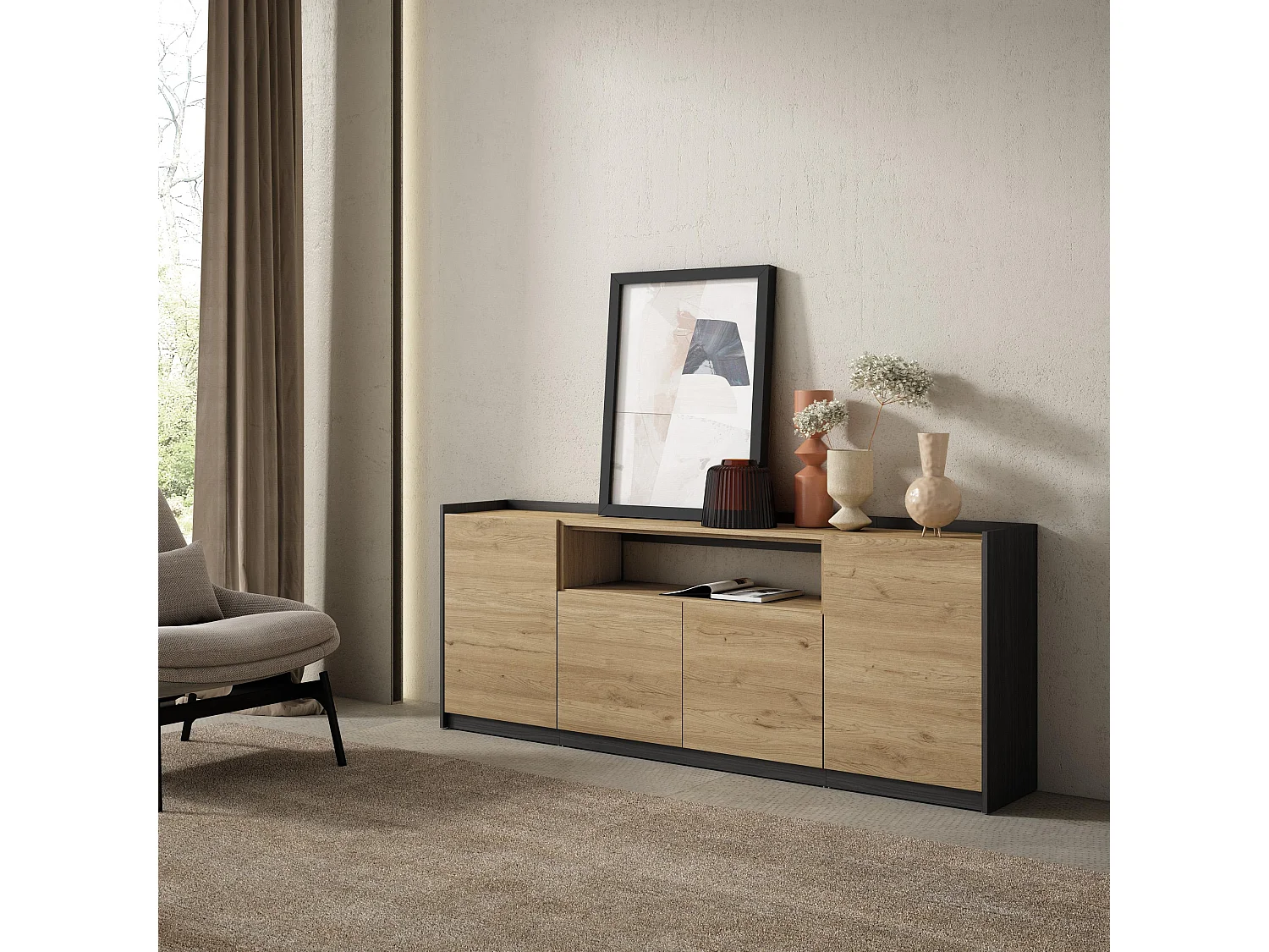 Buffet salon et cuisine, 207x80x37 cm, 4 Portes, Meuble chaussure, Chêne et noir