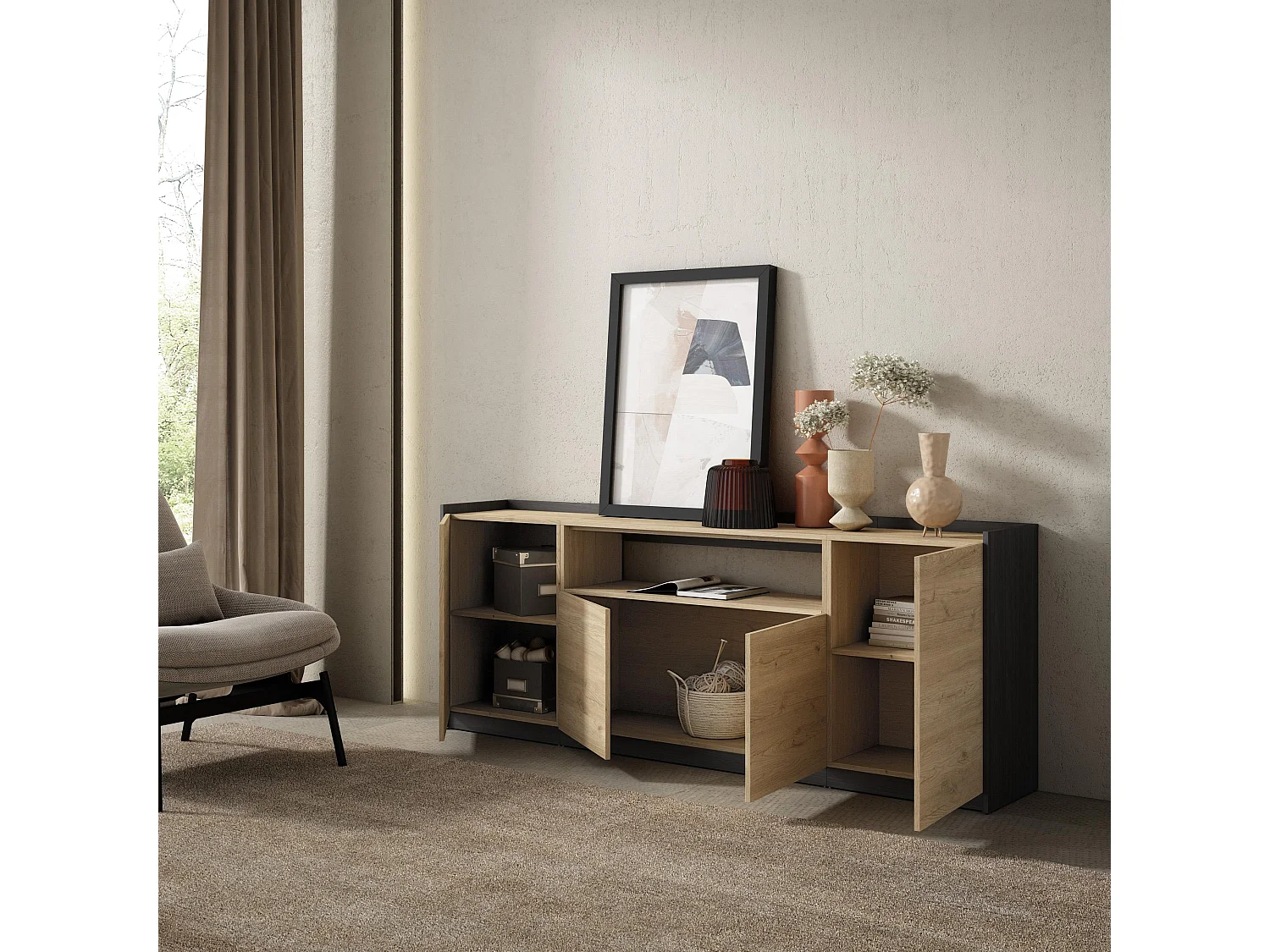 Buffet salon et cuisine, 207x80x37 cm, 4 Portes, Meuble chaussure, Chêne et noir