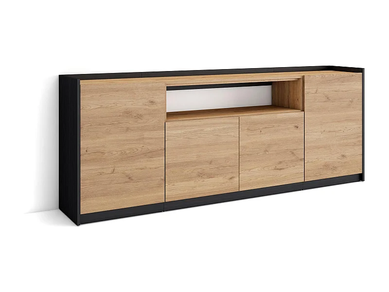 Dressoir, Opbergkast, 207x80x37 cm, 4 Deuren, Woonkamer, hal, Eiken/Zwart