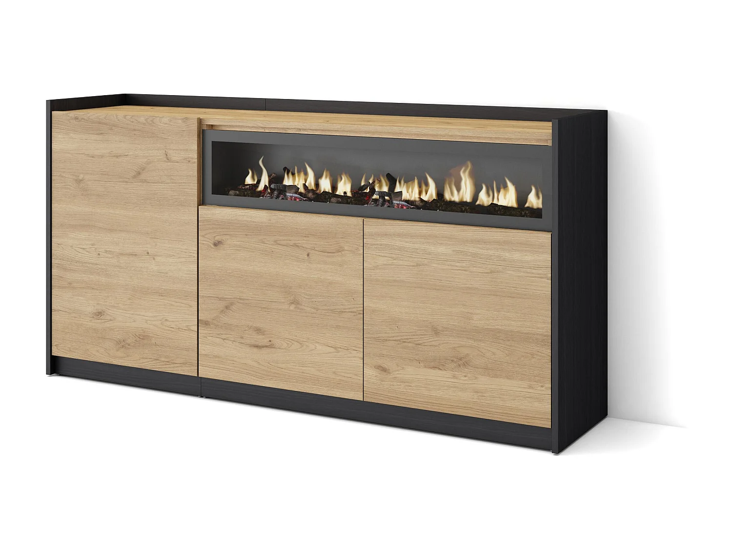 Dressoir, Opbergkast, 156x80x37 cm, 3 Deuren, Elektrische haard, Eiken/Zwart