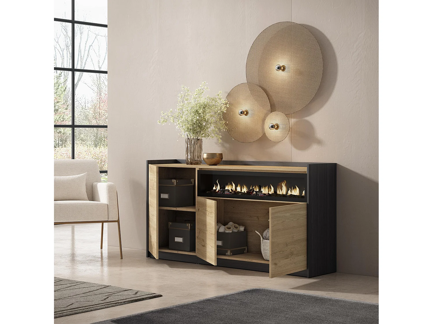 Dressoir, Opbergkast, 156x80x37 cm, 3 Deuren, Elektrische haard, Eiken/Zwart