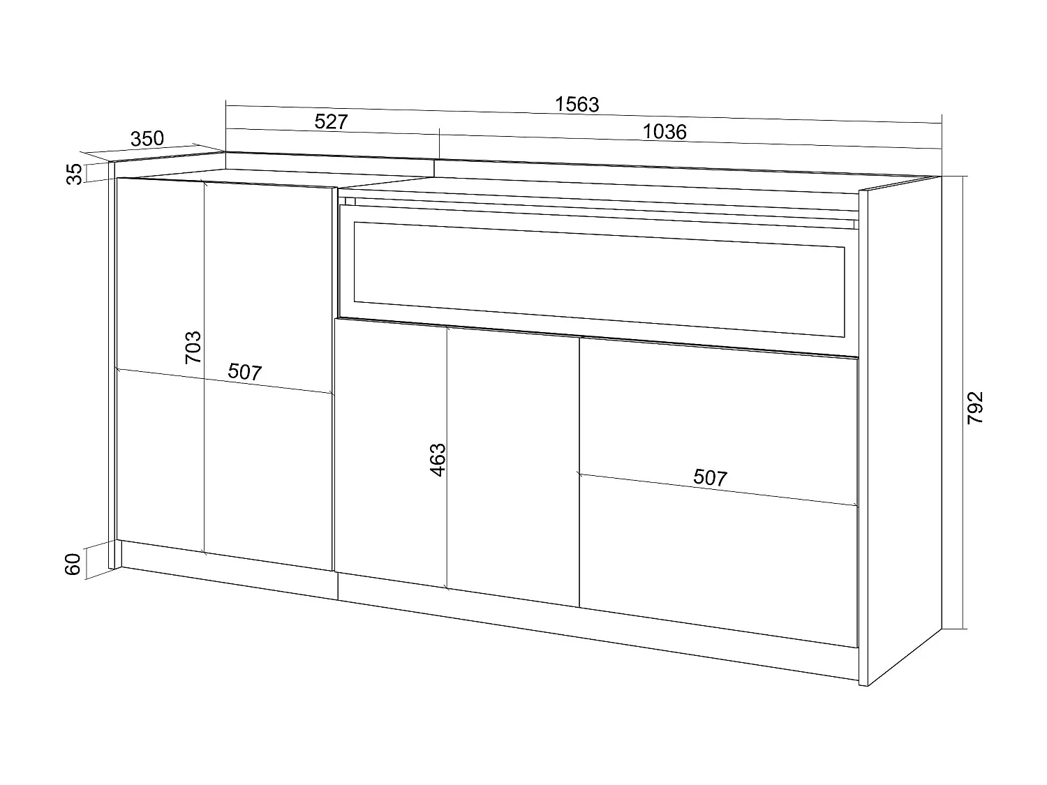 Dressoir, Opbergkast, 156x80x37 cm, 3 Deuren, Elektrische haard, Eiken/Zwart