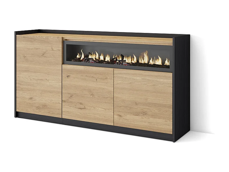 Buffet salon et cuisine, 156x80x37 cm, 3 Portes, Cheminée électrique, Chêne et noir