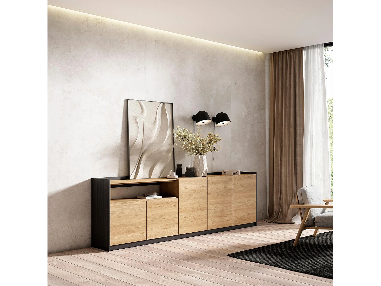 Buffet salon et cuisine, 260x80x37 cm, 5 Portes, Meuble chaussure, Chêne et noir