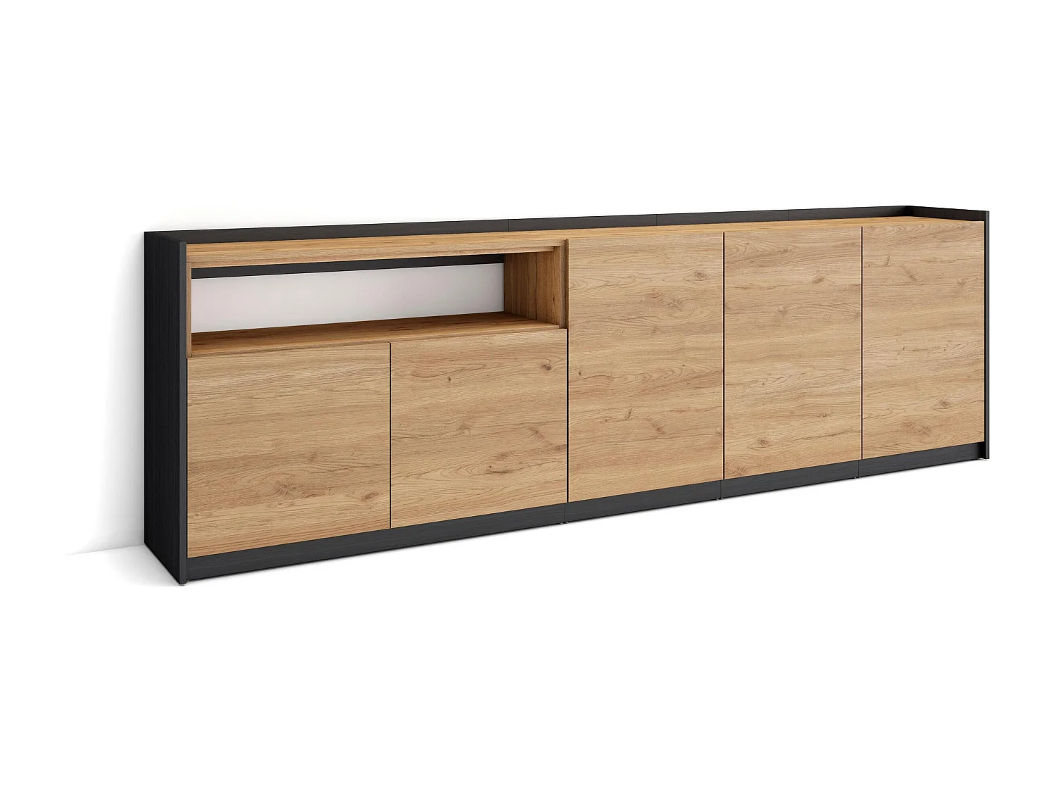 Dressoir, Opbergkast, 260x80x37 cm, 5 Deuren, Woonkamer, hal, Eiken/Zwart