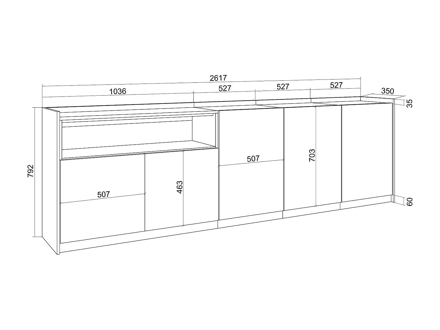 Dressoir, Opbergkast, 260x80x37 cm, 5 Deuren, Woonkamer, hal, Eiken/Zwart