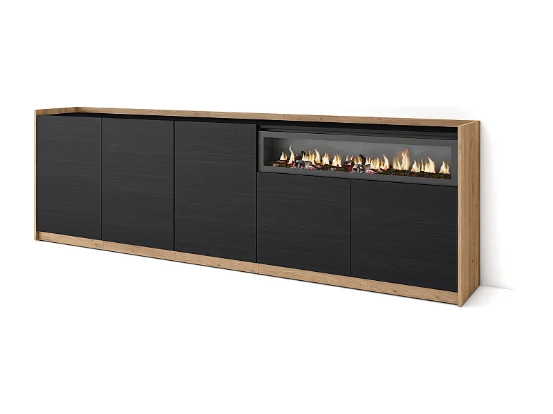 Buffet salon et cuisine, 260x80x37 cm, 5 Portes, Cheminée électrique, Noir et chêne