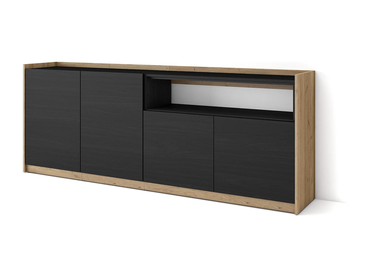 Buffet salon et cuisine, 207x80x37 cm, 4 Portes, Meuble chaussure, Noir et chêne