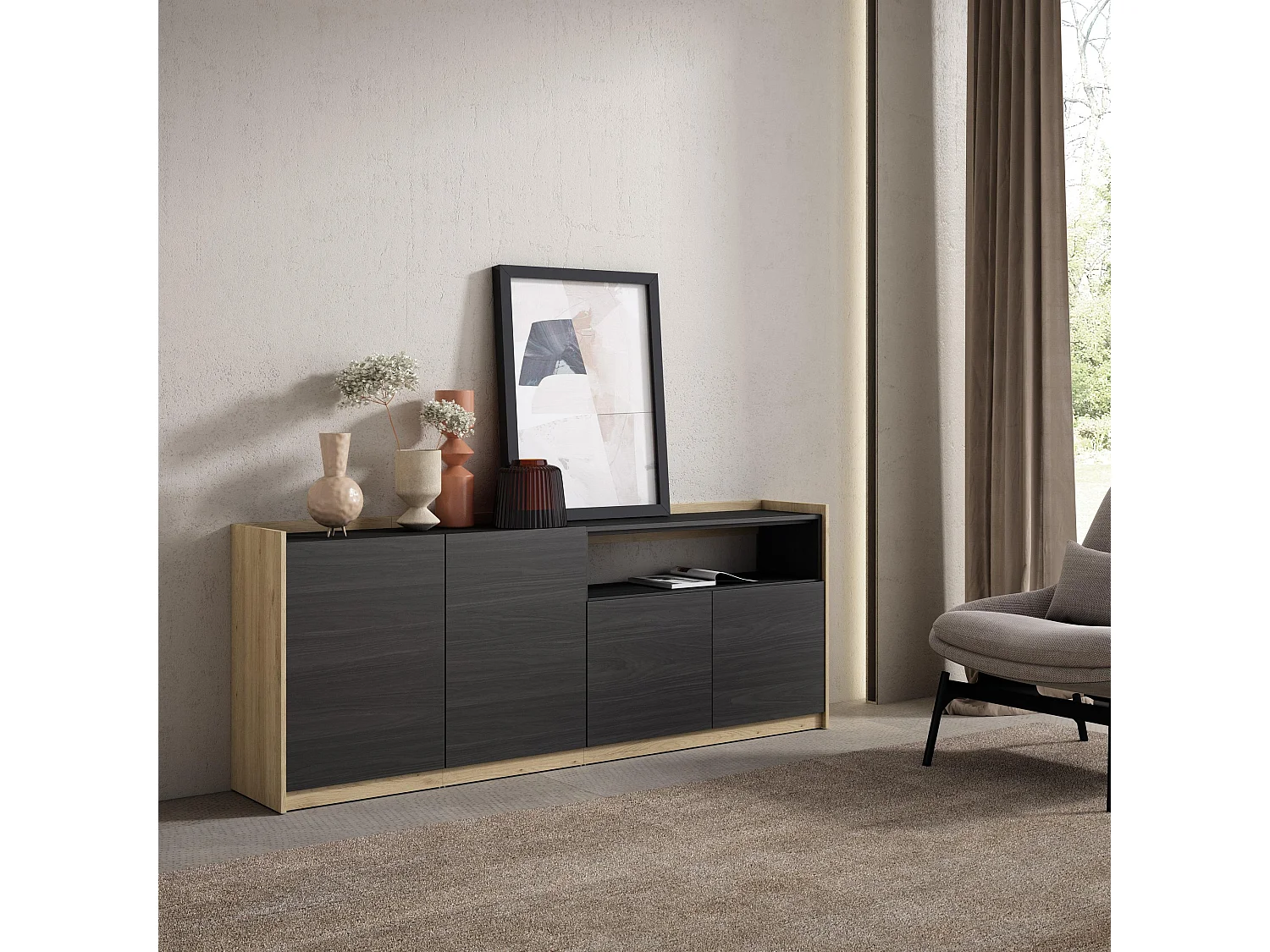 Buffet salon et cuisine, 207x80x37 cm, 4 Portes, Meuble chaussure, Noir et chêne