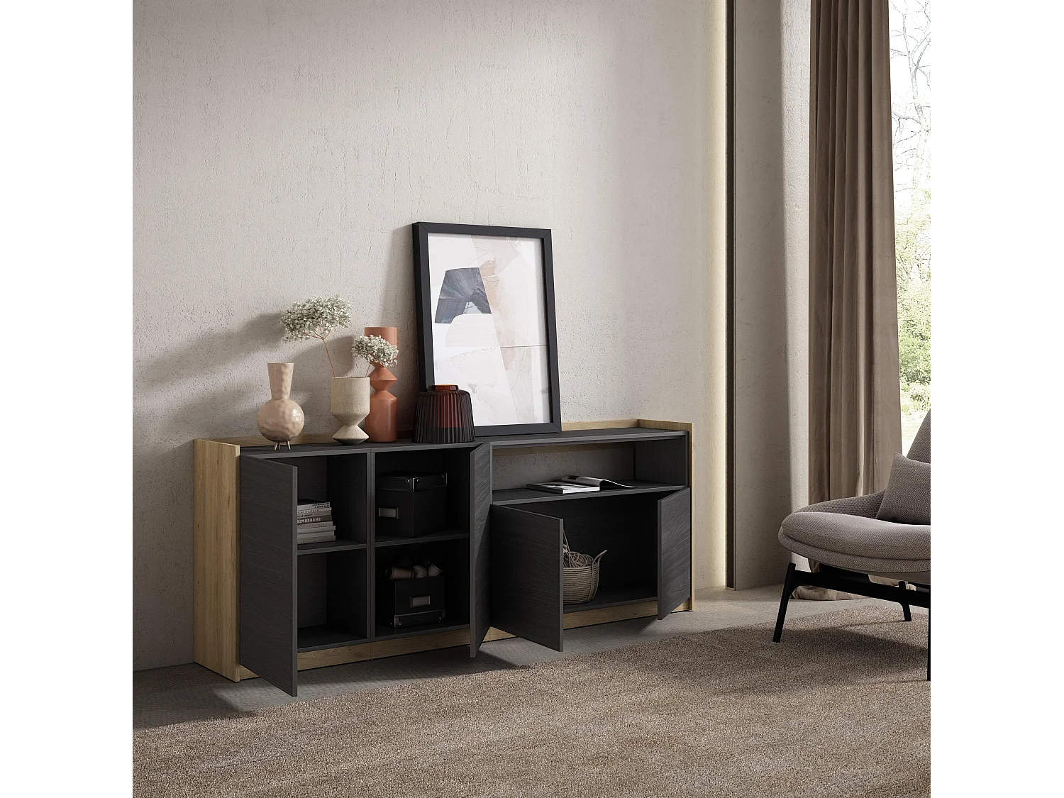 Dressoir, Opbergkast, 207x80x37 cm, 4 Deuren, Woonkamer, hal, Zwart/Eiken