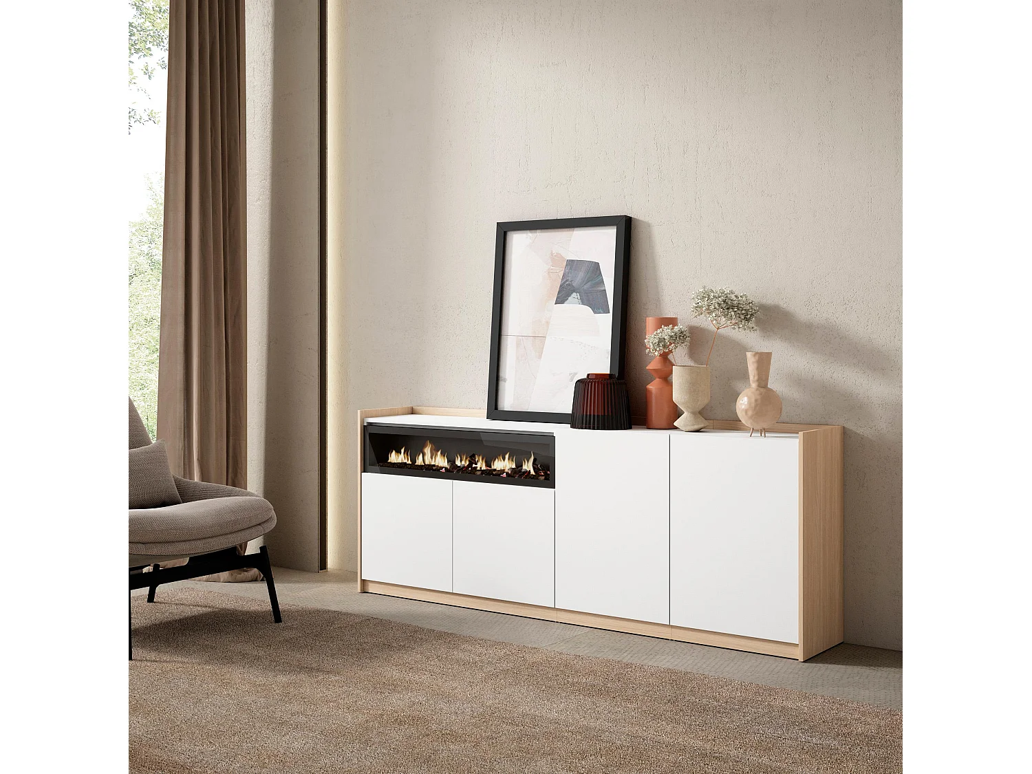 Dressoir, Opbergkast, 207x80x37 cm, 4 Deuren, Elektrische haard, Wit en Eiken soft