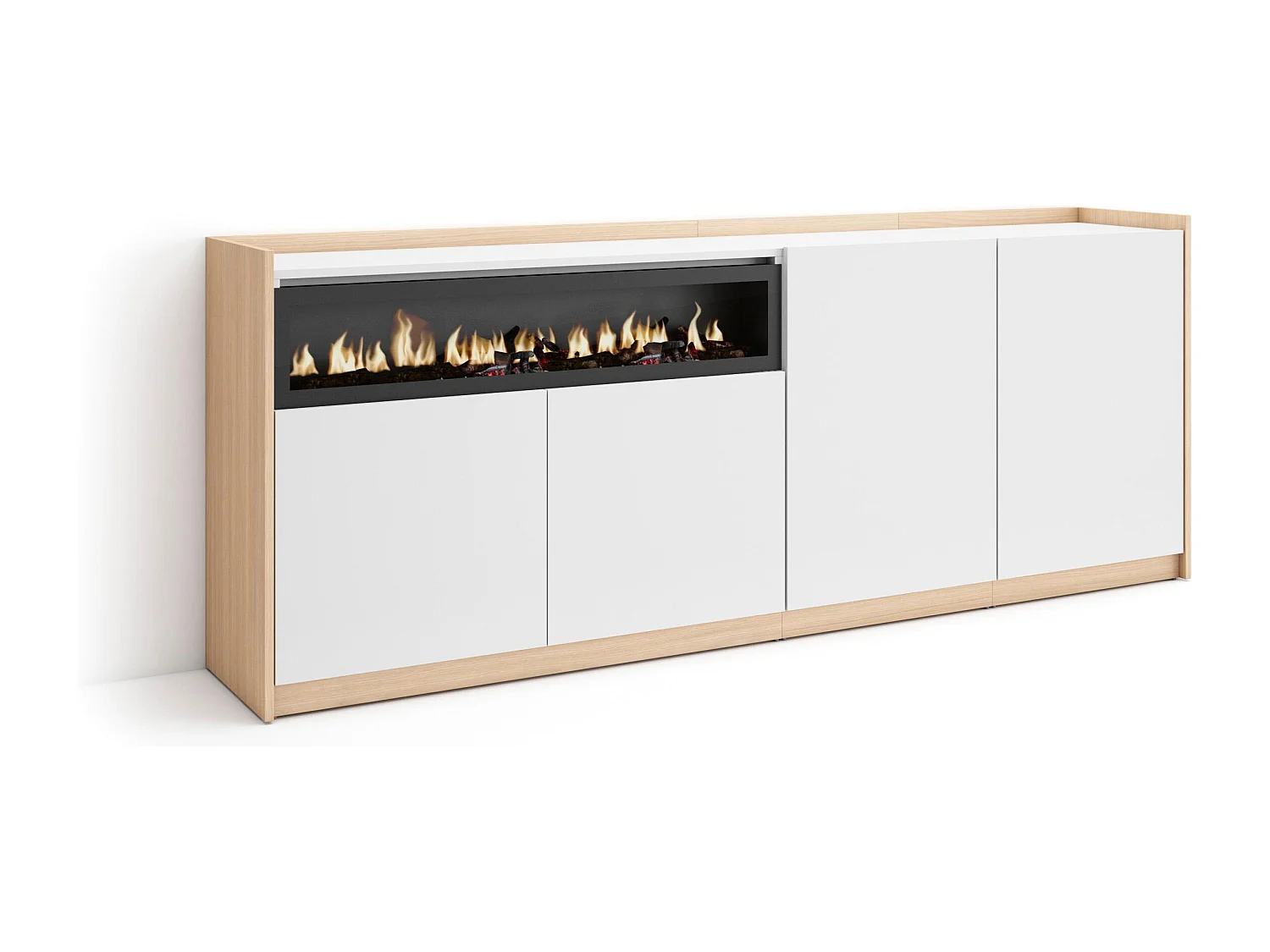 Dressoir, Opbergkast, 207x80x37 cm, 4 Deuren, Elektrische haard, Wit en Eiken soft