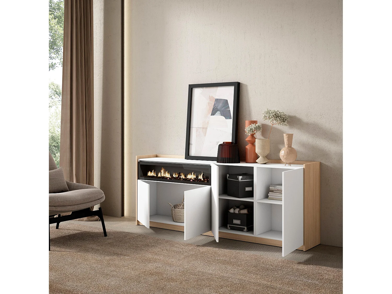 Dressoir, Opbergkast, 207x80x37 cm, 4 Deuren, Elektrische haard, Wit en Eiken soft