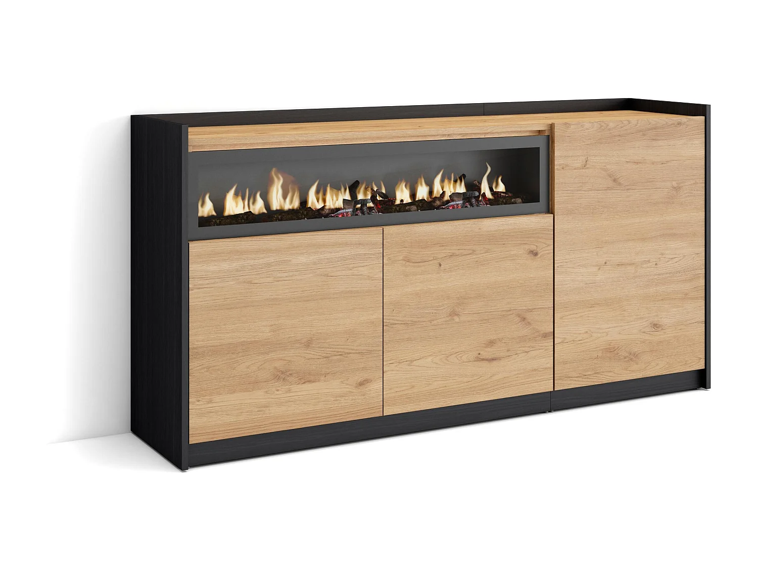 Buffet salon et cuisine, 156x80x37 cm, 3 Portes, Cheminée électrique, Chêne et noir
