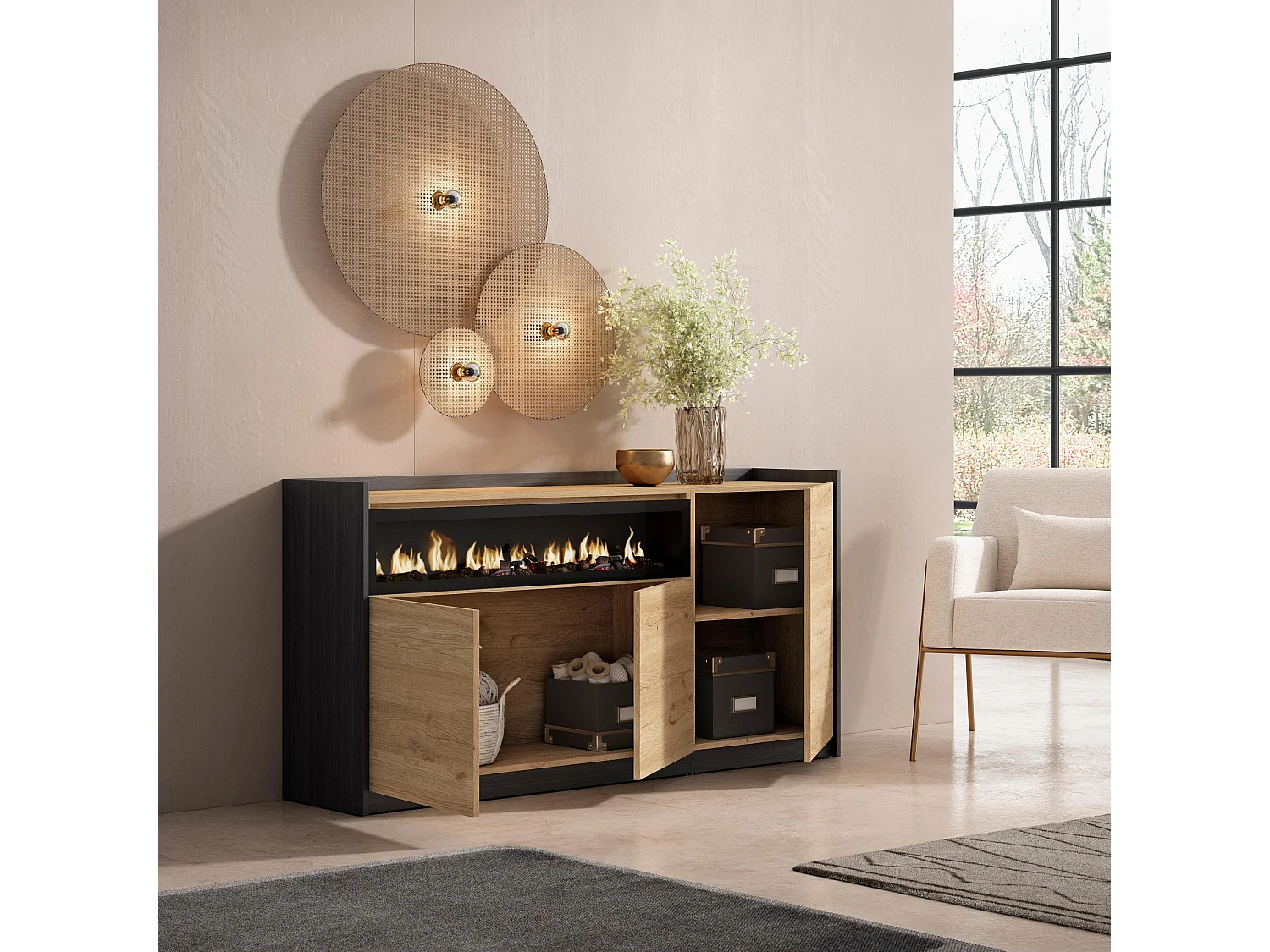 Dressoir, Opbergkast, 156x80x37 cm, 3 Deuren, Elektrische haard, Eiken/Zwart