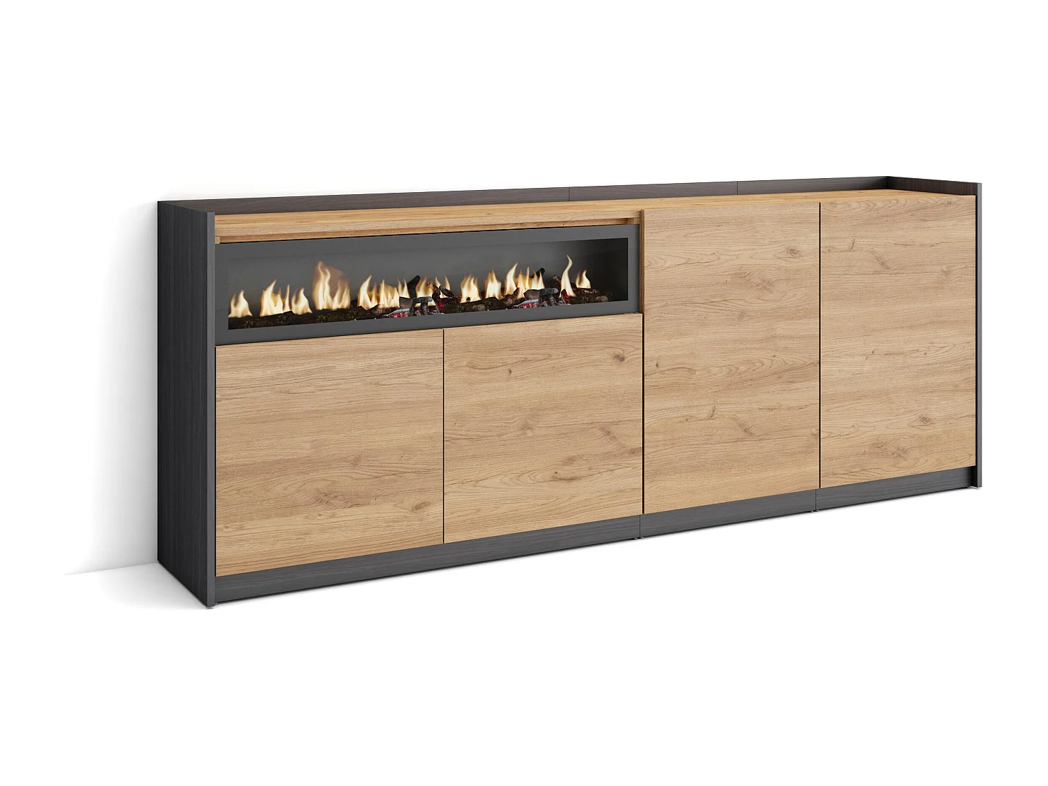 Buffet salon et cuisine, 207x80x37 cm, 4 Portes, Cheminée électrique, Chêne et noir