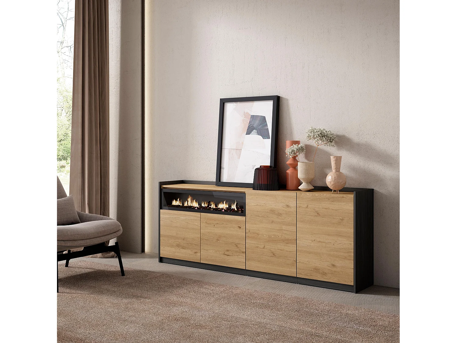 Dressoir, Opbergkast, 207x80x37 cm, 4 Deuren, Elektrische haard, Eiken/Zwart