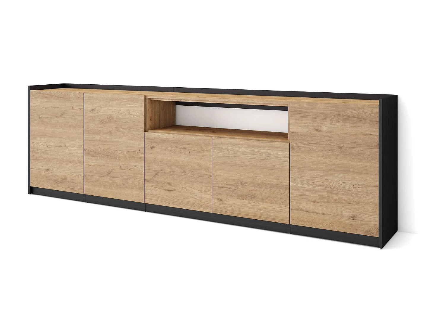 Dressoir, Opbergkast, 260x80x37 cm, 5 Deuren, Woonkamer, hal, Eiken/Zwart