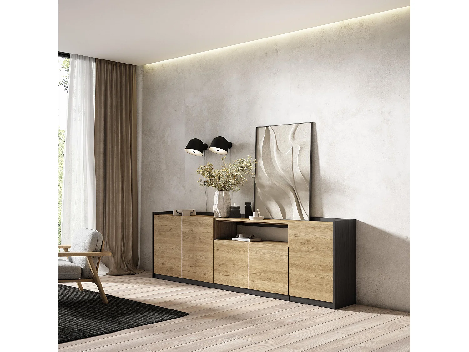 Dressoir, Opbergkast, 260x80x37 cm, 5 Deuren, Woonkamer, hal, Eiken/Zwart