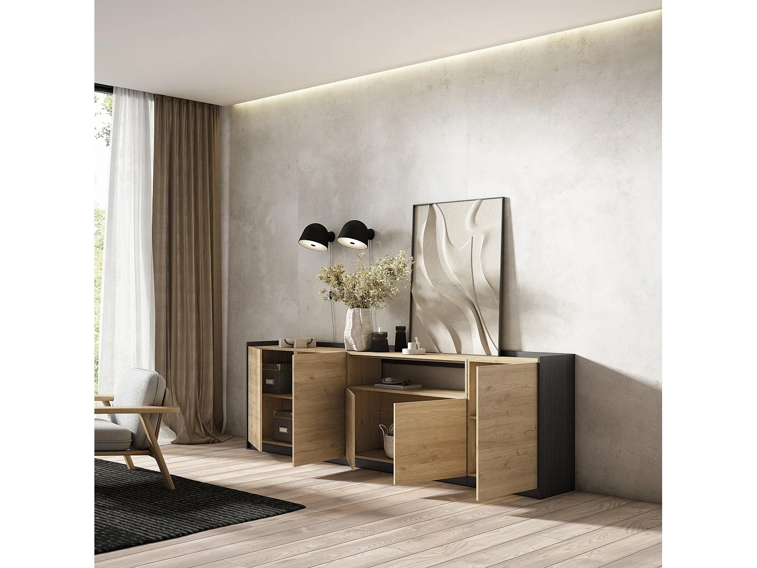 Dressoir, Opbergkast, 260x80x37 cm, 5 Deuren, Woonkamer, hal, Eiken/Zwart
