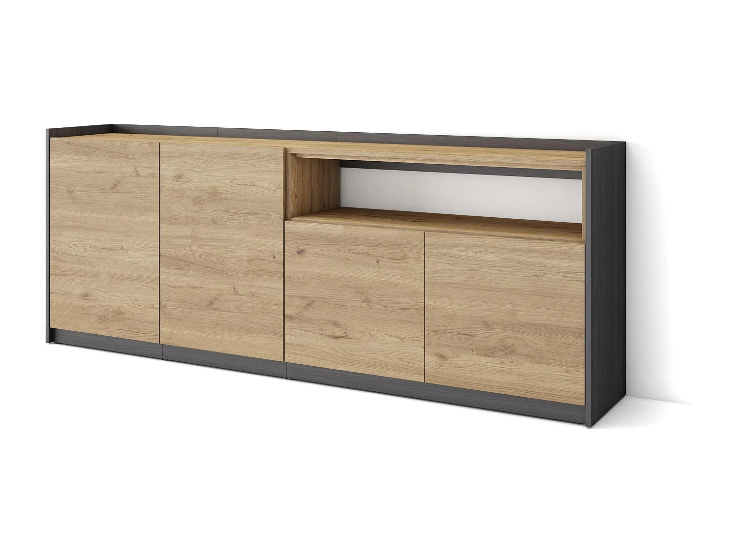 Buffet salon et cuisine, 207x80x37 cm, 4 Portes, Meuble chaussure, Chêne et noir