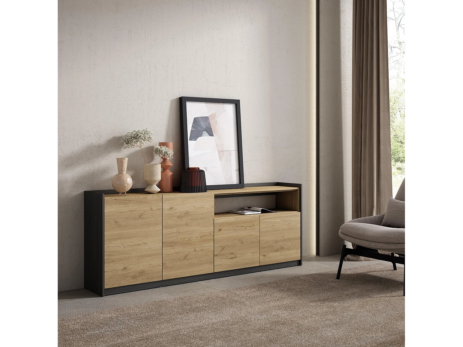 Buffet salon et cuisine, 207x80x37 cm, 4 Portes, Meuble chaussure, Chêne et noir