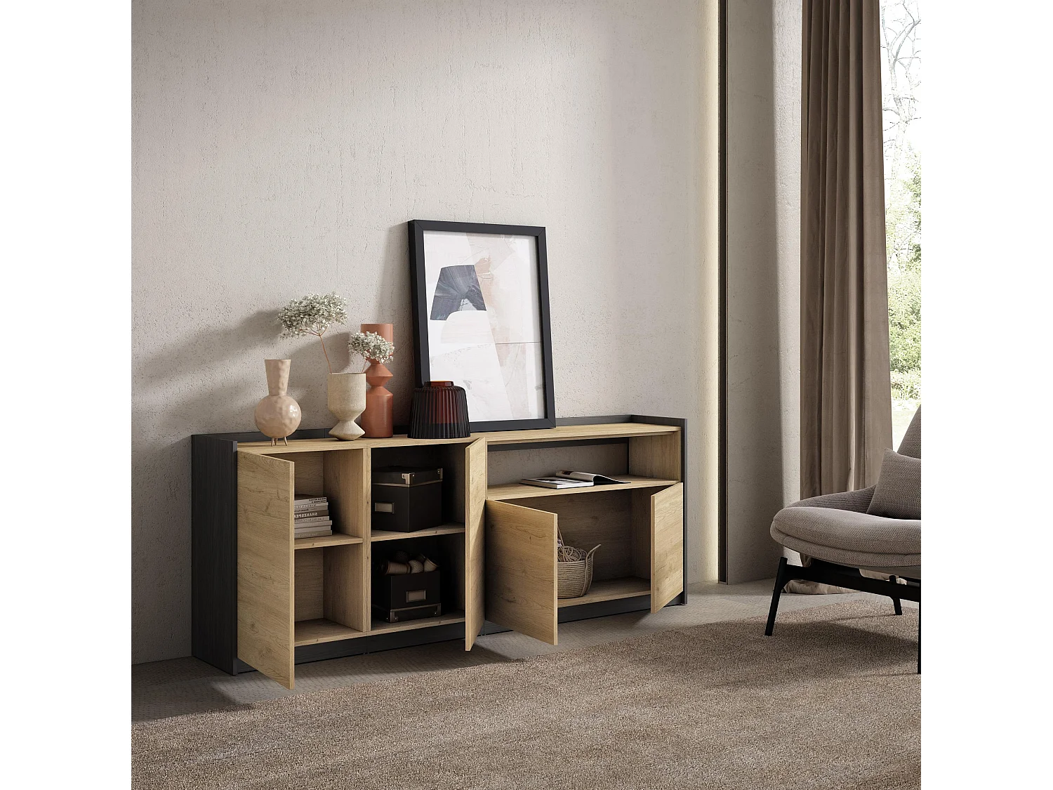 Dressoir, Opbergkast, 207x80x37 cm, 4 Deuren, Woonkamer, hal, Eiken/Zwart