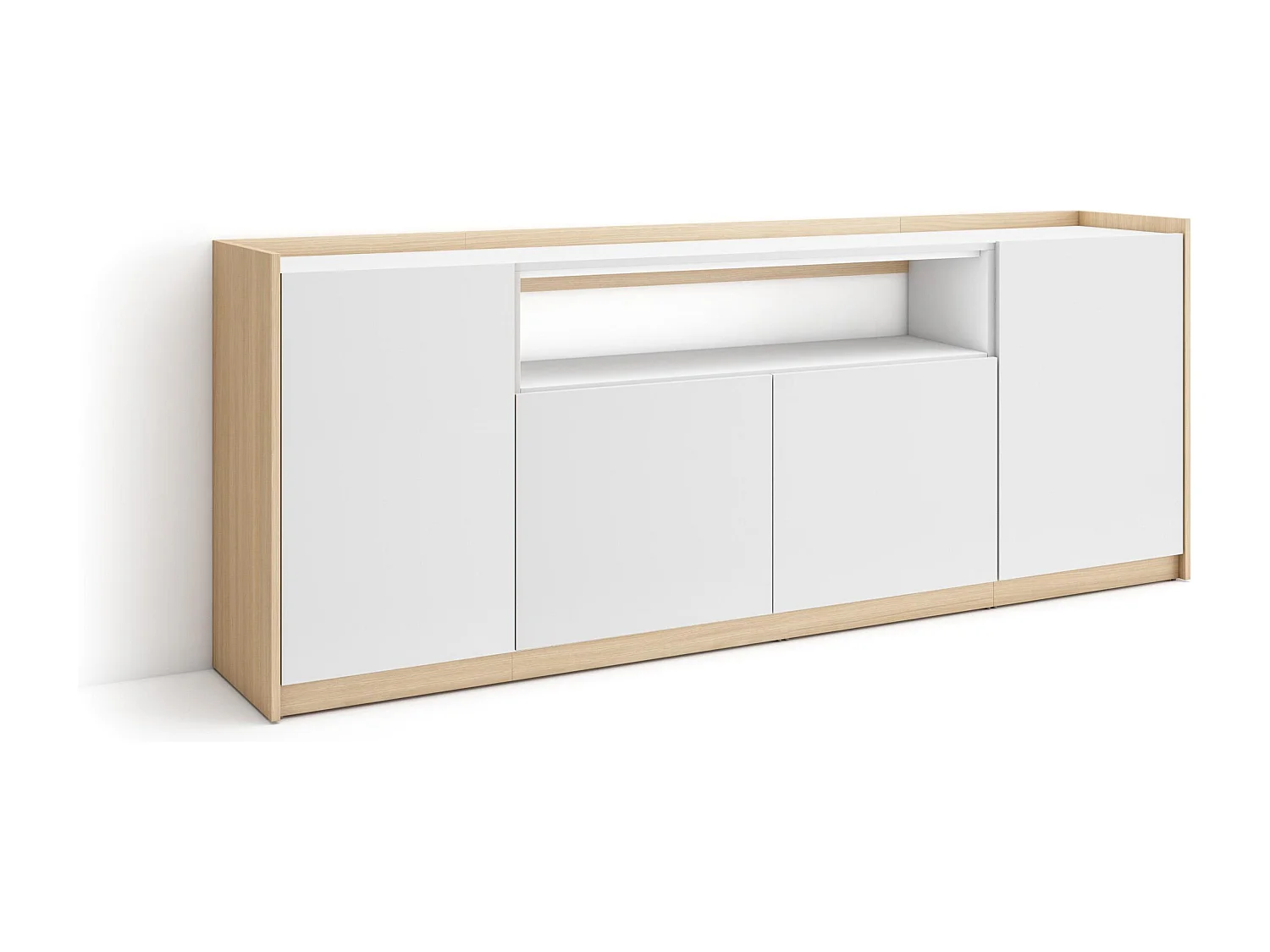 Buffet salon et cuisine, 207x80x37 cm, 4 Portes, Meuble chaussure, Blanc et Chêne Soft