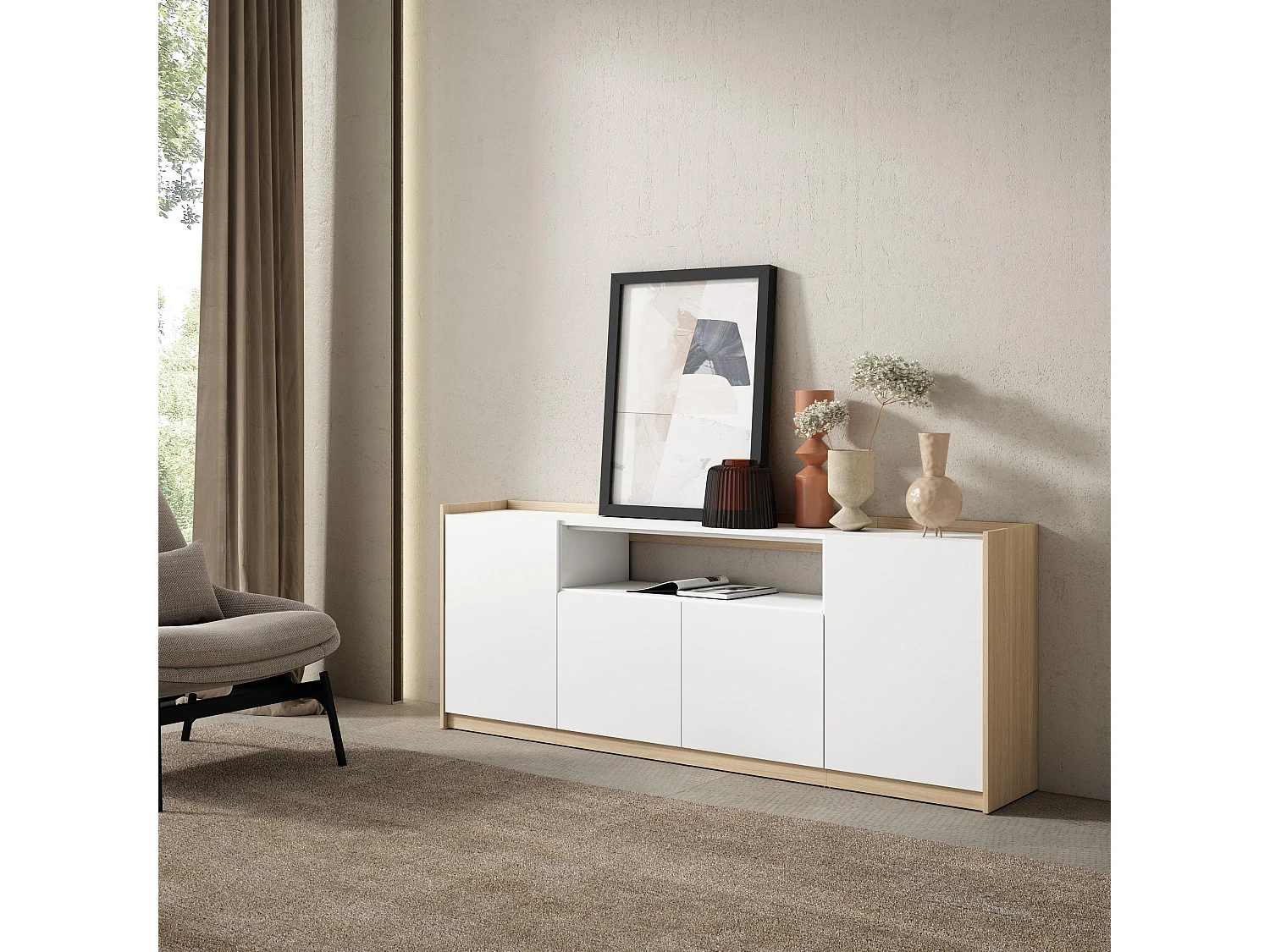 Dressoir, Opbergkast, 207x80x37 cm, 4 Deuren, Woonkamer, hal, Wit en Eiken soft