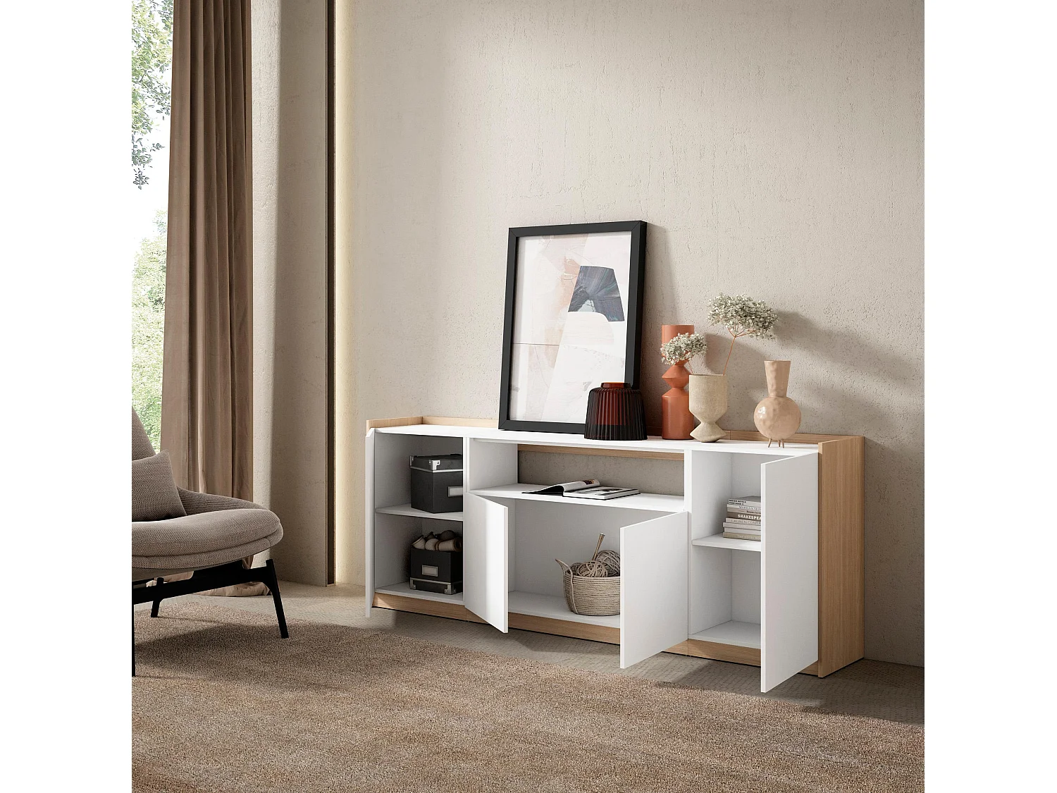 Dressoir, Opbergkast, 207x80x37 cm, 4 Deuren, Woonkamer, hal, Wit en Eiken soft