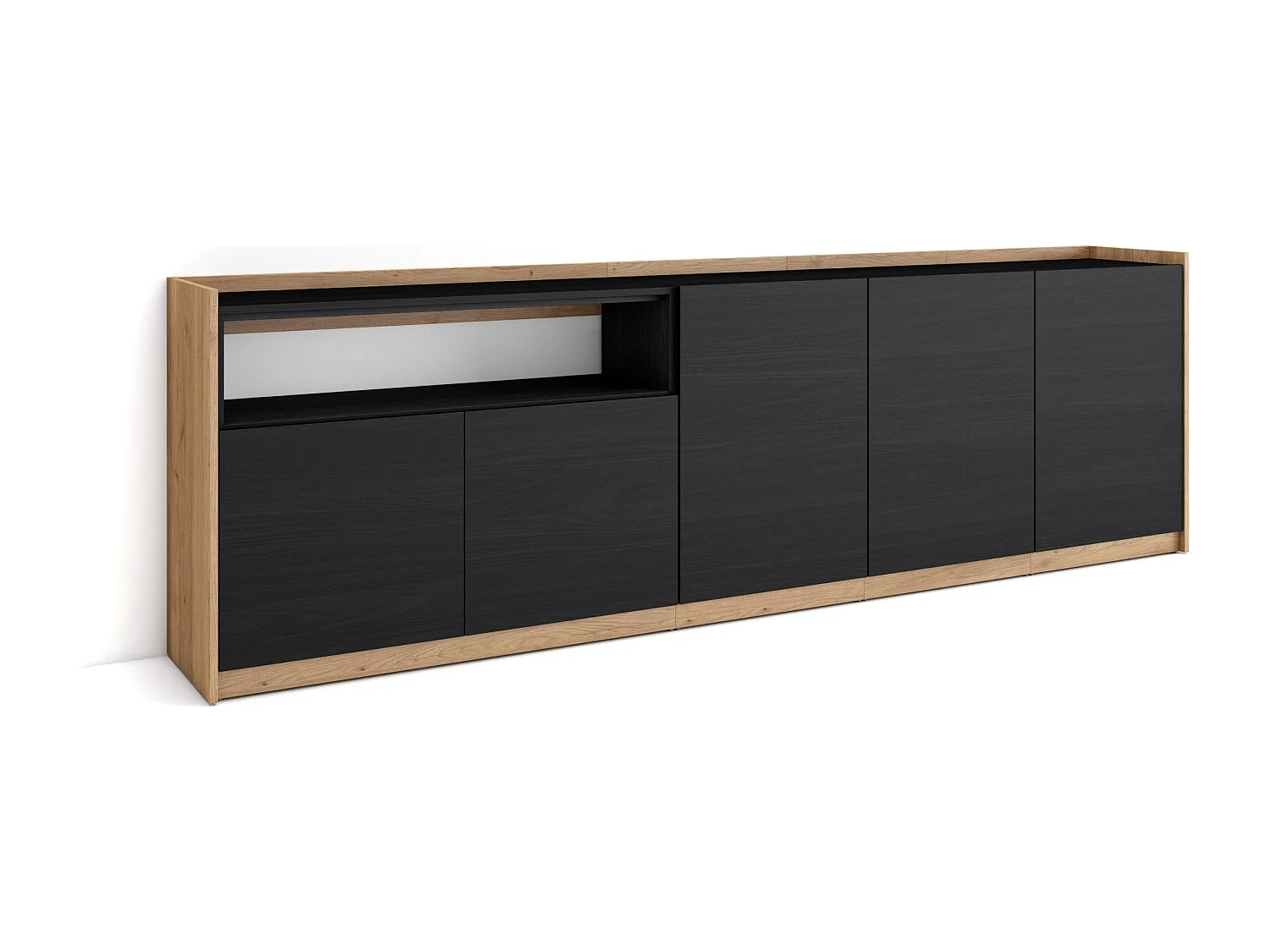 Dressoir, Opbergkast, 260x80x37 cm, 5 Deuren, Woonkamer, hal, Zwart/Eiken