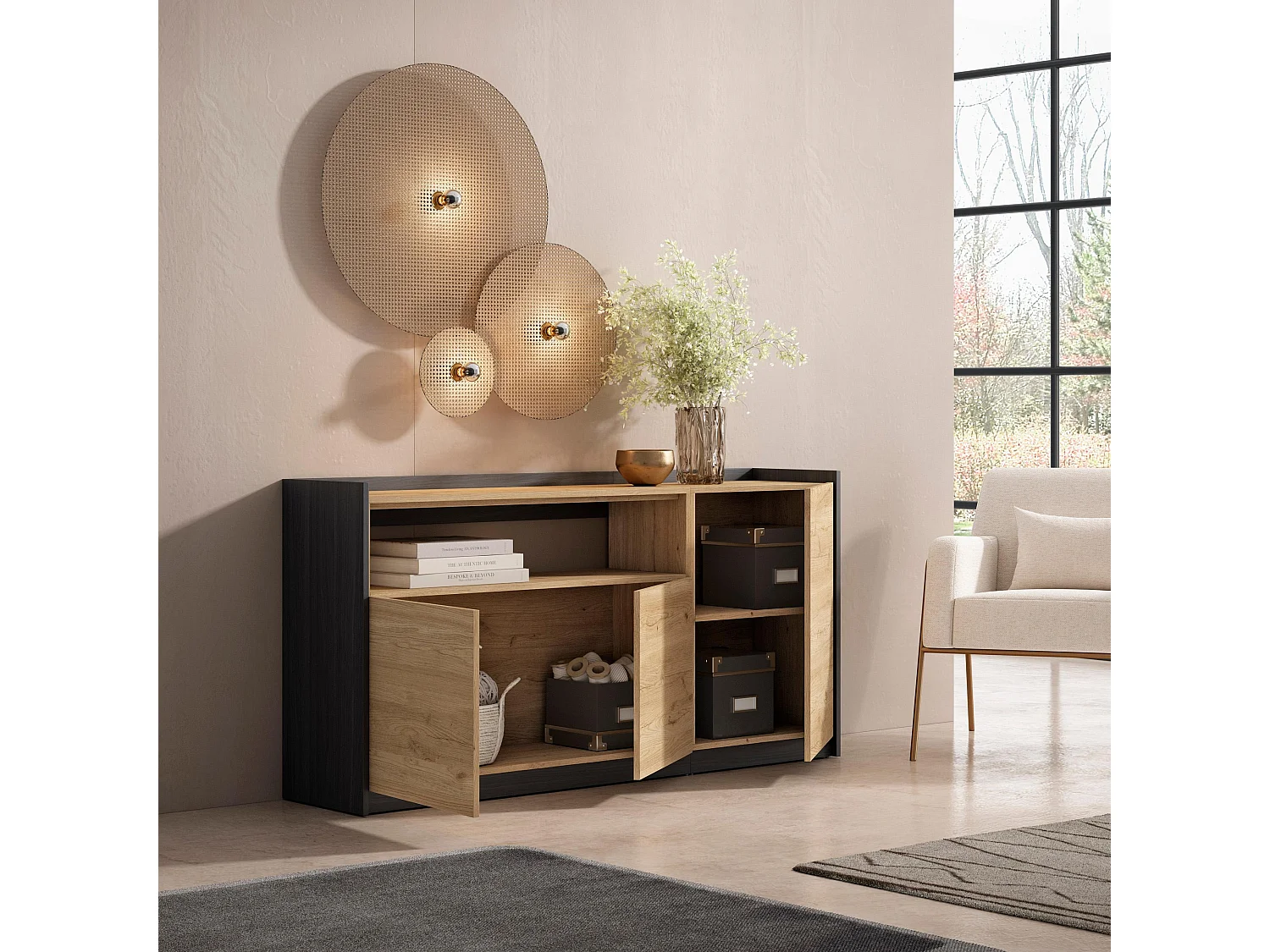 Buffet salon et cuisine, 156x80x37 cm, 3 Portes, Meuble chaussure, Chêne et noir