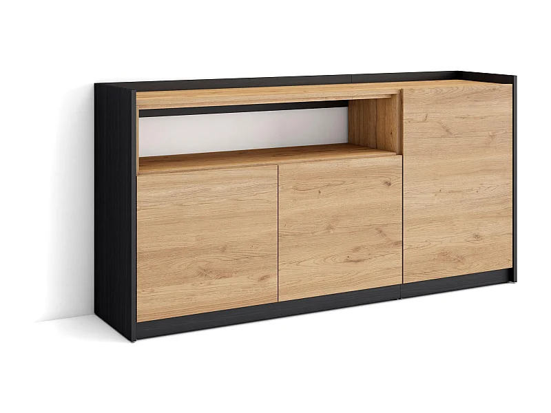 Buffet salon et cuisine, 156x80x37 cm, 3 Portes, Meuble chaussure, Chêne et noir