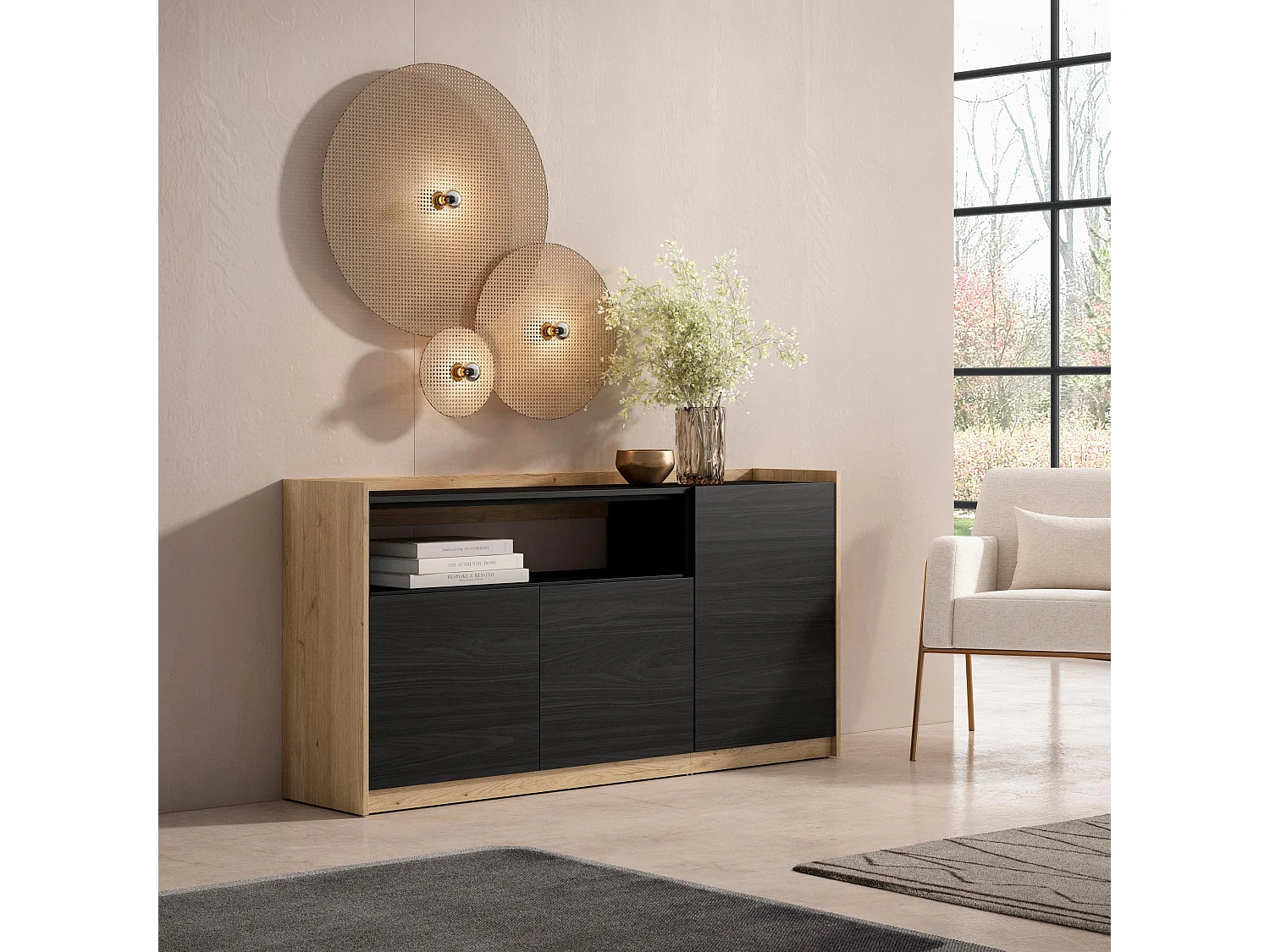 Dressoir, Opbergkast, 156x80x37 cm, 3 Deuren, Woonkamer, hal, Zwart/Eiken