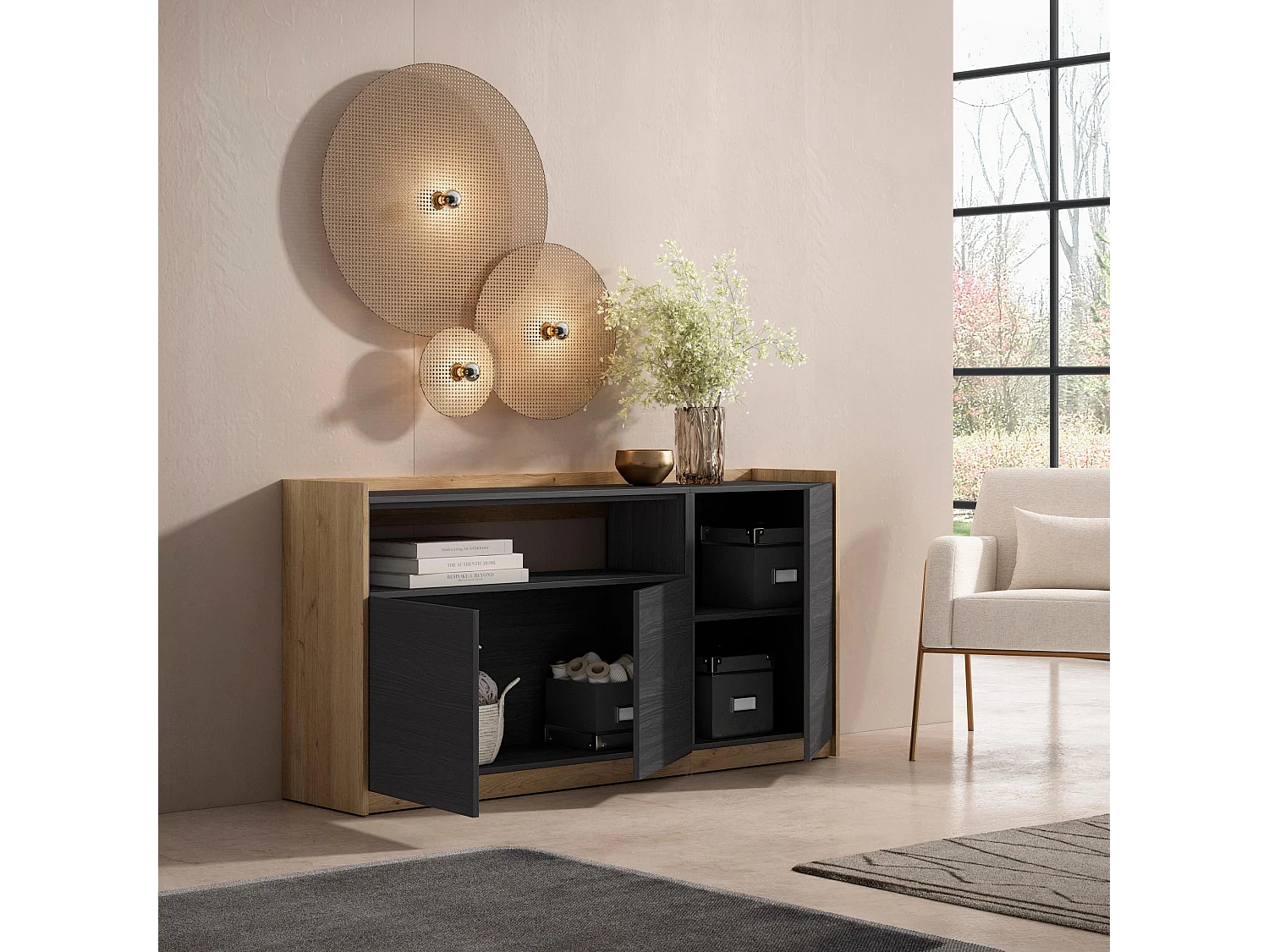 Dressoir, Opbergkast, 156x80x37 cm, 3 Deuren, Woonkamer, hal, Zwart/Eiken