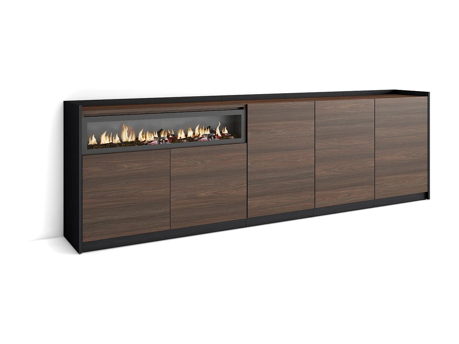 Buffet salon et cuisine, 260x80x37 cm, 5 Portes, Cheminée électrique, Chêne foncé et Noir