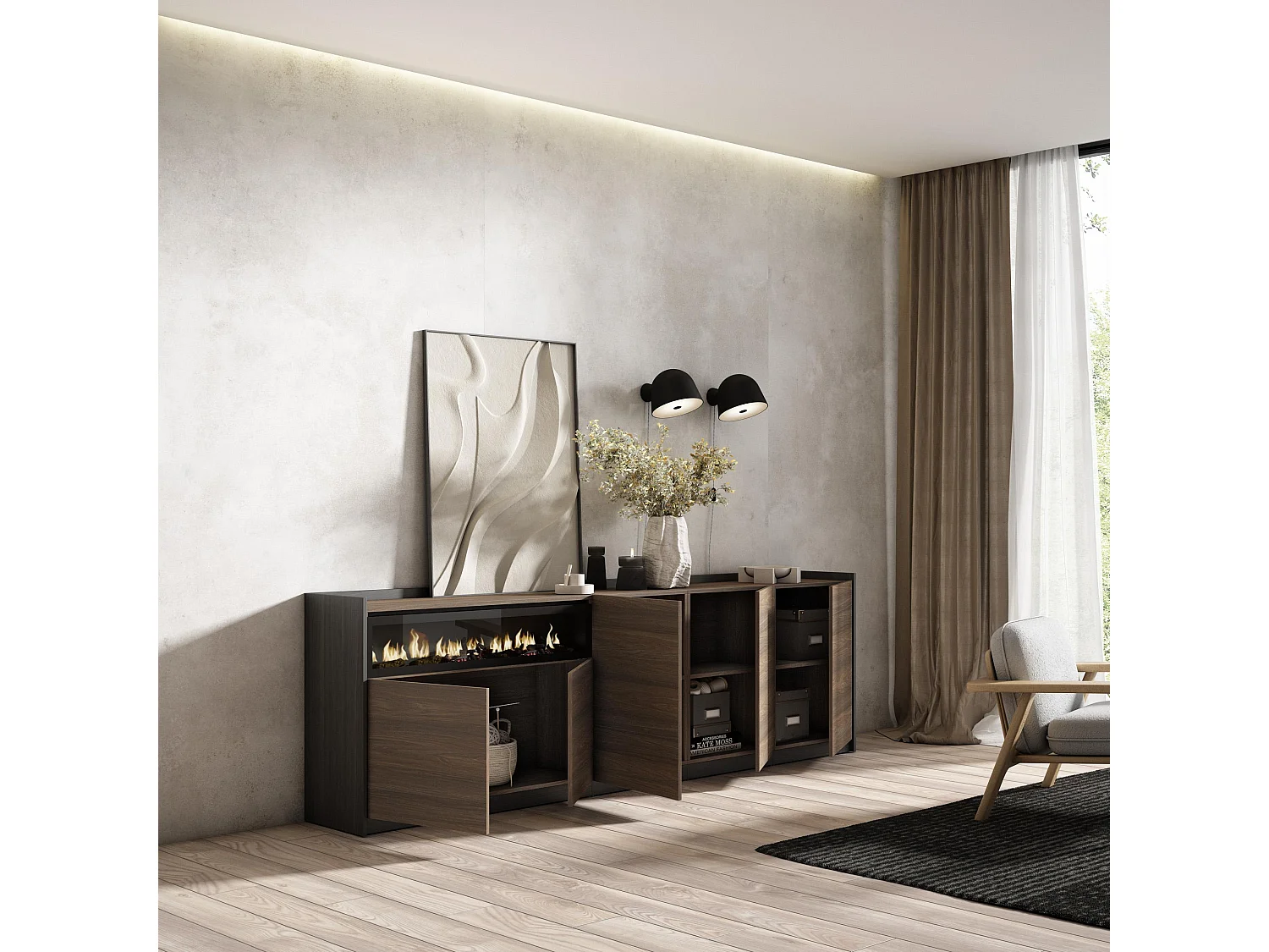 Buffet salon et cuisine, 260x80x37 cm, 5 Portes, Cheminée électrique, Chêne foncé et Noir