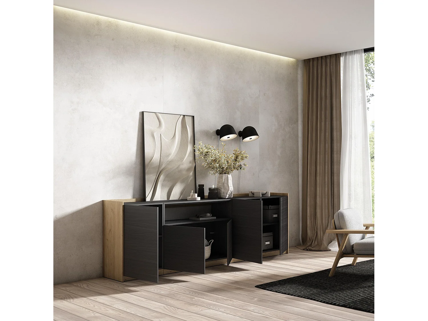 Dressoir, Opbergkast, 260x80x37 cm, 5 Deuren, Woonkamer, hal, Zwart/Eiken