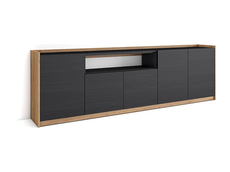 Dressoir, Opbergkast, 260x80x37 cm, 5 Deuren, Woonkamer, hal, Zwart/Eiken