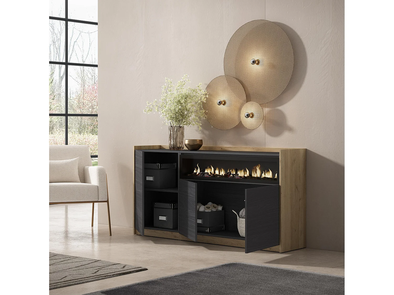 Buffet salon et cuisine, 156x80x37 cm, 3 Portes, Cheminée électrique, Noir et chêne