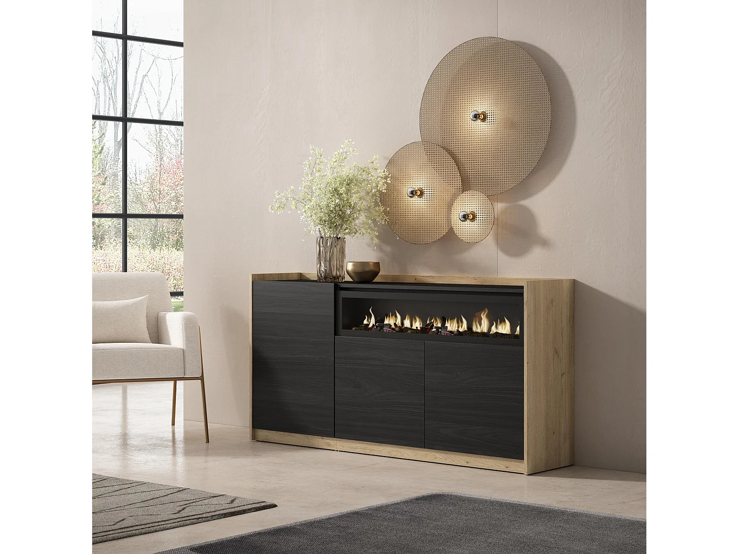 Dressoir, Opbergkast, 156x80x37 cm, 3 Deuren, Elektrische haard, Zwart/Eiken