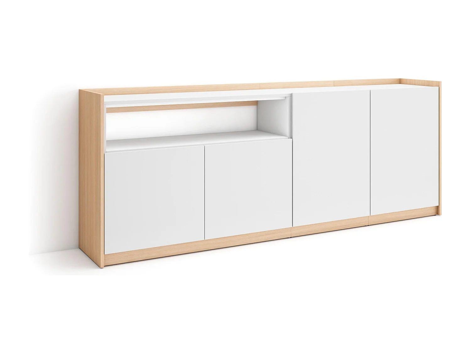 Buffet salon et cuisine, 207x80x37 cm, 4 Portes, Meuble chaussure, Blanc et Chêne Soft