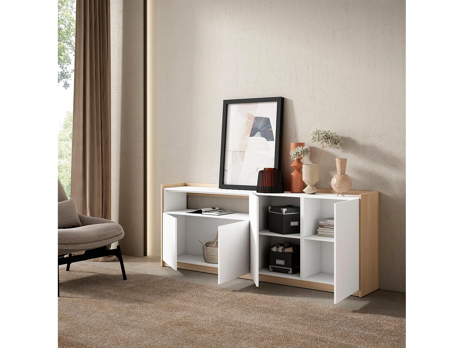 Buffet salon et cuisine, 207x80x37 cm, 4 Portes, Meuble chaussure, Blanc et Chêne Soft