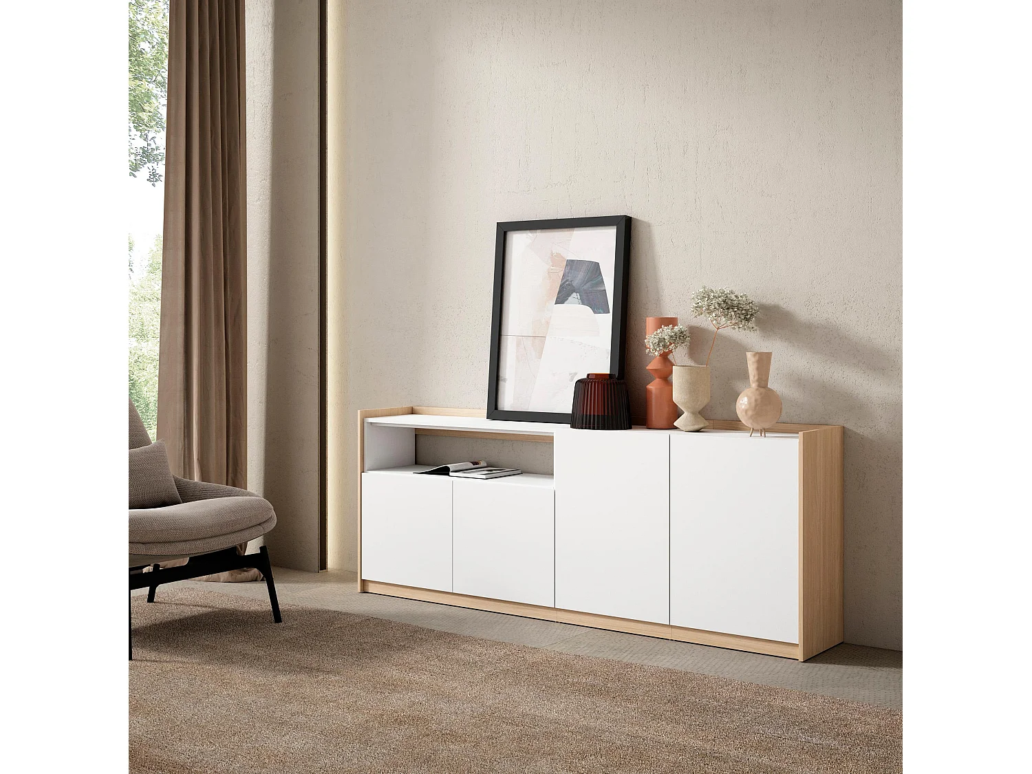 Dressoir, Opbergkast, 207x80x37 cm, 4 Deuren, Woonkamer, hal, Wit en Eiken soft