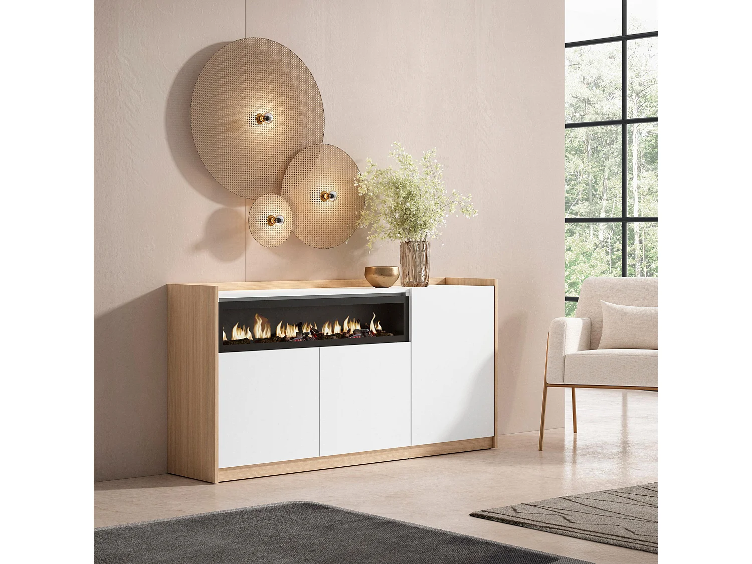 Dressoir, Opbergkast, 156x80x37 cm, 3 Deuren, Elektrische haard, Wit en Eiken soft