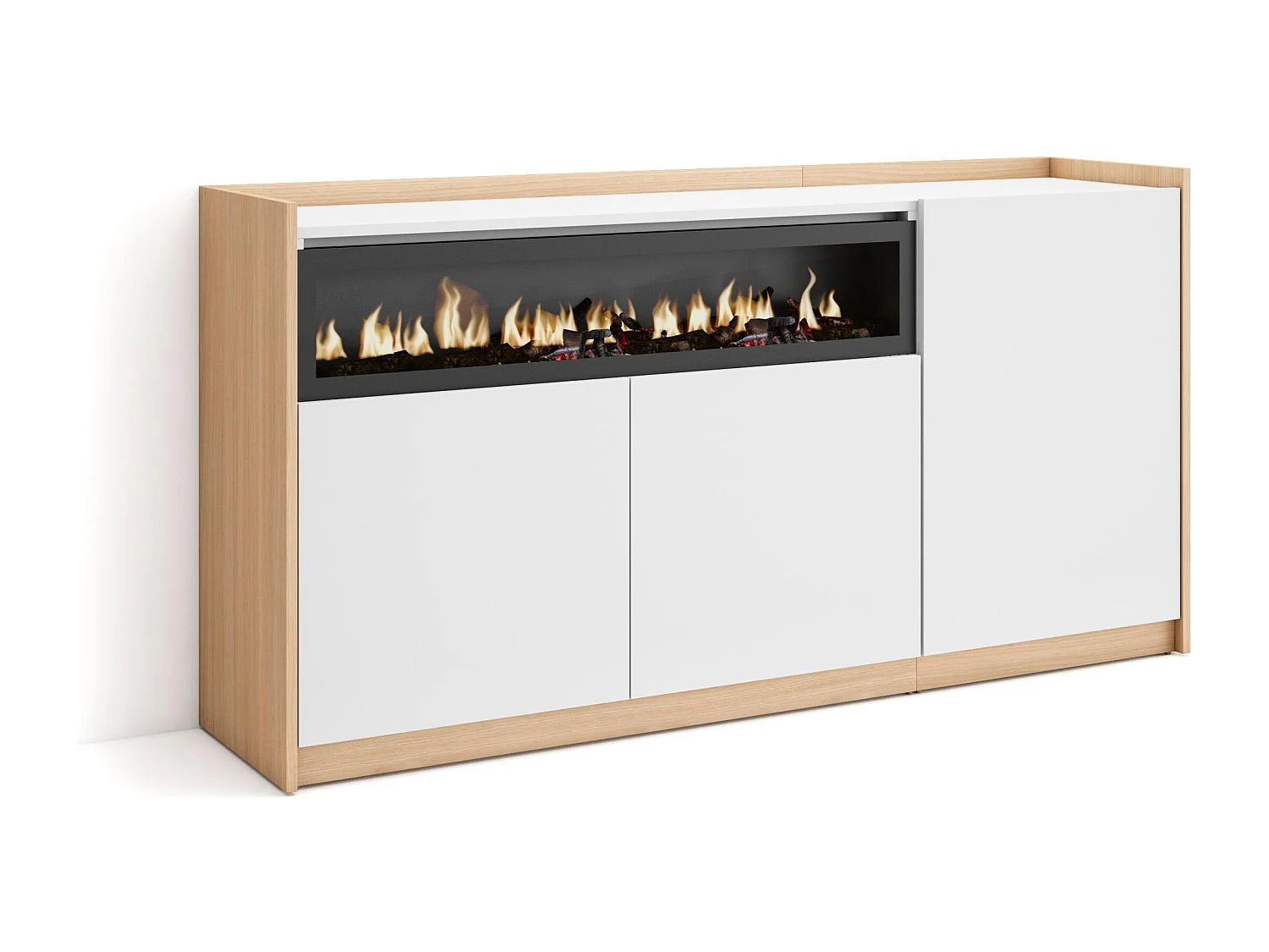 Dressoir, Opbergkast, 156x80x37 cm, 3 Deuren, Elektrische haard, Wit en Eiken soft