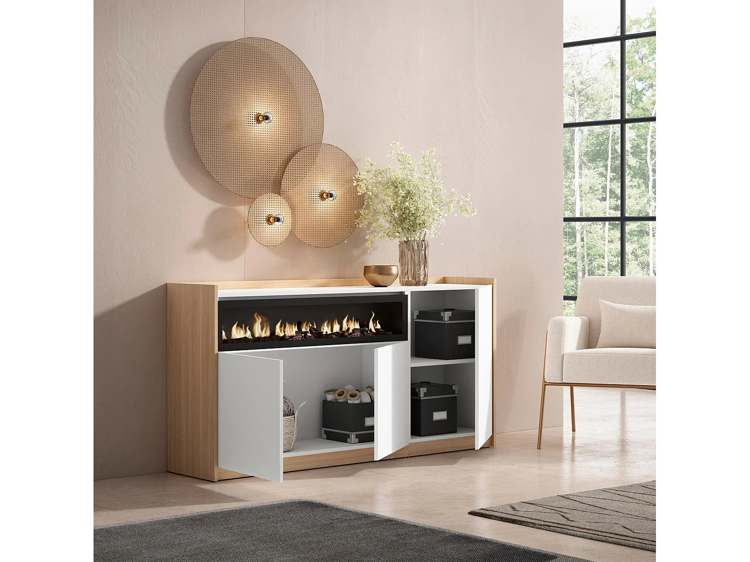 Dressoir, Opbergkast, 156x80x37 cm, 3 Deuren, Elektrische haard, Wit en Eiken soft