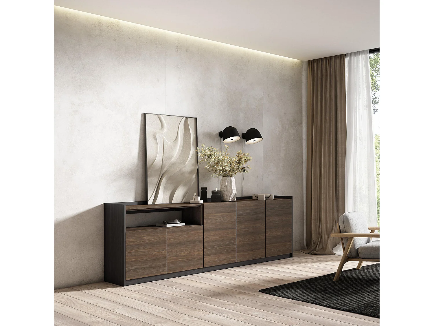 Buffet salon et cuisine, 260x80x37 cm, 5 Portes, Meuble chaussure, Chêne foncé et Noir