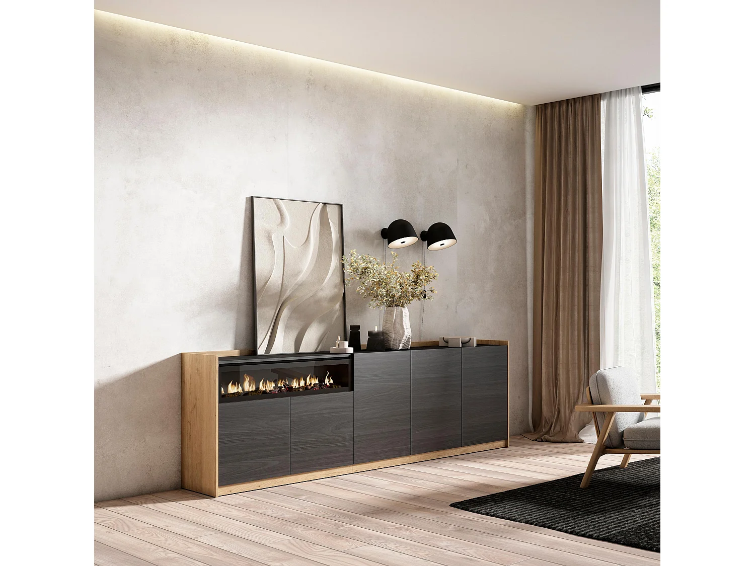 Buffet salon et cuisine, 260x80x37 cm, 5 Portes, Cheminée électrique, Noir et chêne